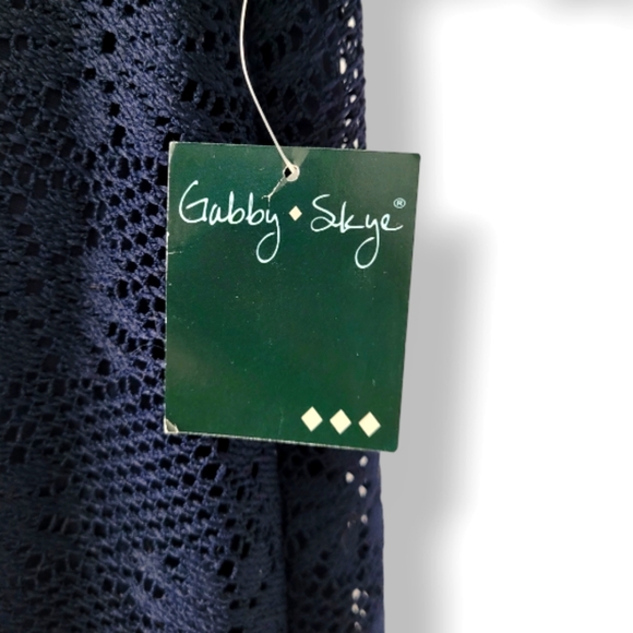 Gabby Skye Bell Sleeve Lace Navy Midi Lined Sheer Shift Dress, 12 - Picture 6 of 7